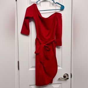 Windsor Red Off-The-Shoulder Ruched Mini Dress With Tie Waist